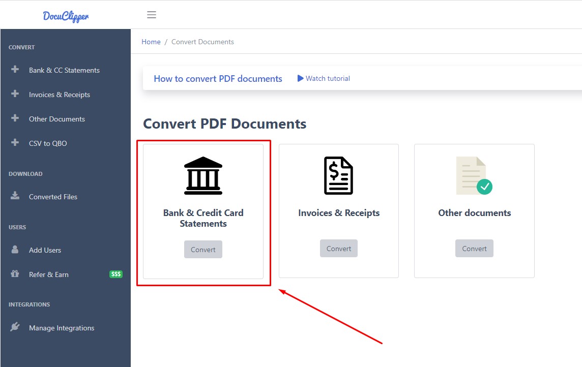 select convert pdf bank statements and credit card statements in docuclipper